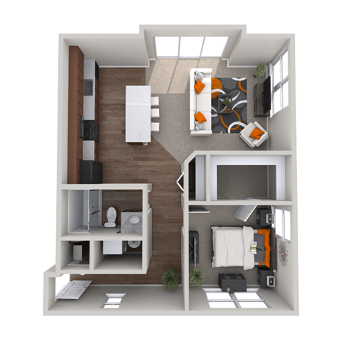 Floor plan for 1 bed, 1 bath, 628 sqft